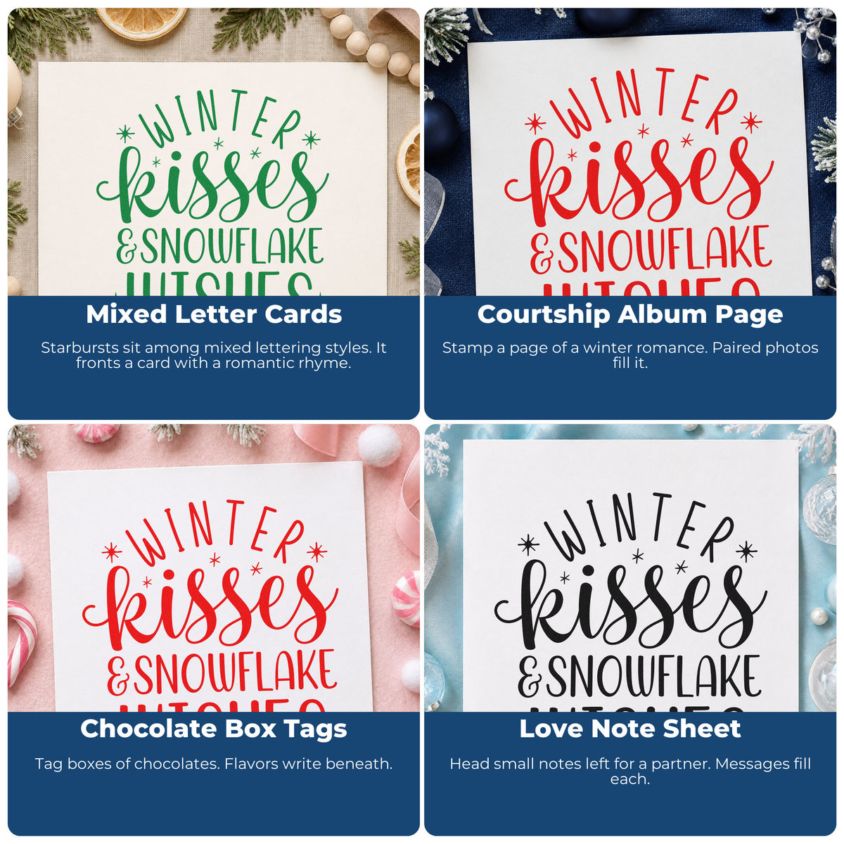 Four ways to use the Winter Kisses & Snowflake Wishes Rubber Stamp – Wood Handle: mixed letter cards, courtship album page, chocolate box tags and love note sheet.