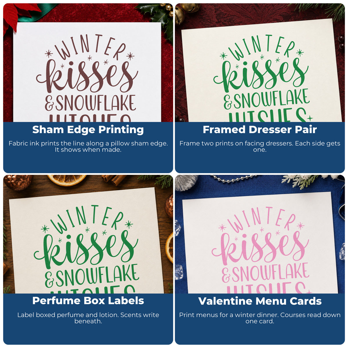 Four ways to use the Winter Kisses & Snowflake Wishes Pre-Inked Stamp – PSI: sham edge printing, framed dresser pair, perfume box labels and valentine menu cards.