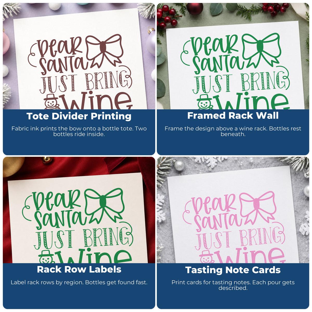 Four ways to use the Premium Wooden Dear Santa Just Bring Wine Snowman Stamp - Vintage Pro: tote divider printing, framed rack wall, rack row labels and tasting note cards.
