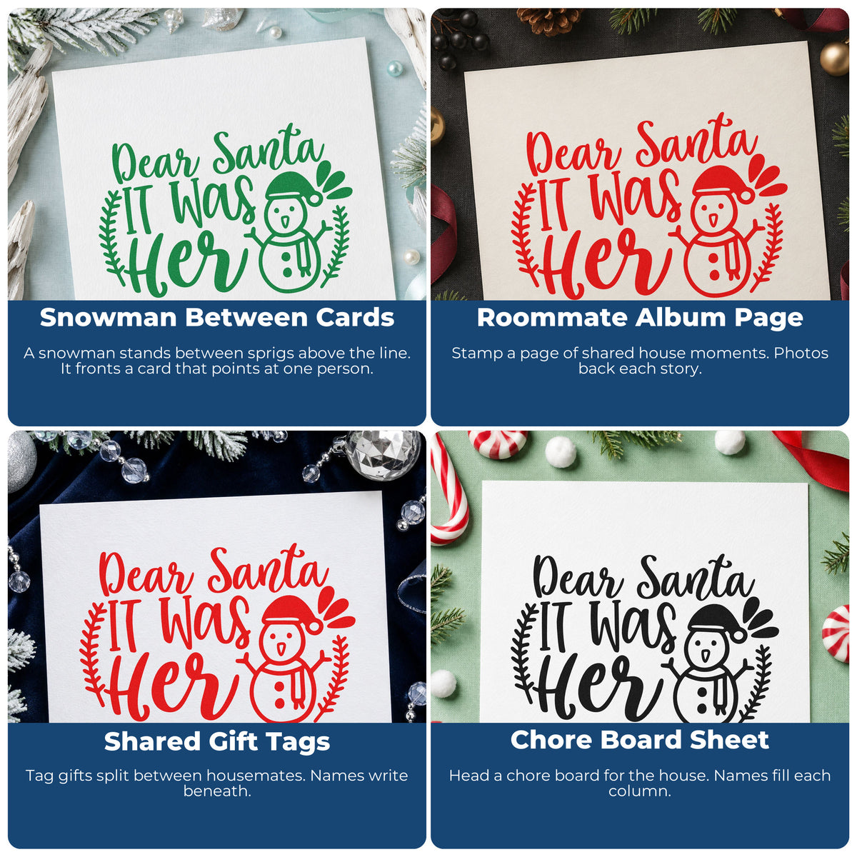Four ways to use the Dear Santa It Was Her Botanical Sprig Stamp – Self-Inking: snowman between cards, roommate album page, shared gift tags and chore board sheet.