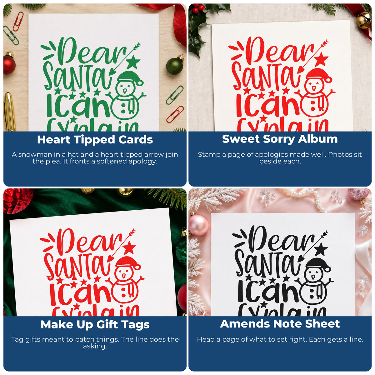 Four ways to use the Vintage Pro Dear Santa I Can Explain Snowman Premium Wooden Stamp: heart tipped cards, sweet sorry album, make up gift tags and amends note sheet.