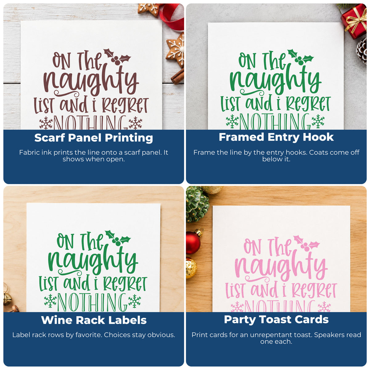 Four ways to use the Naughty List Regret Nothing Duo Hand Stamp: scarf panel printing, framed entry hook, wine rack labels and party toast cards.