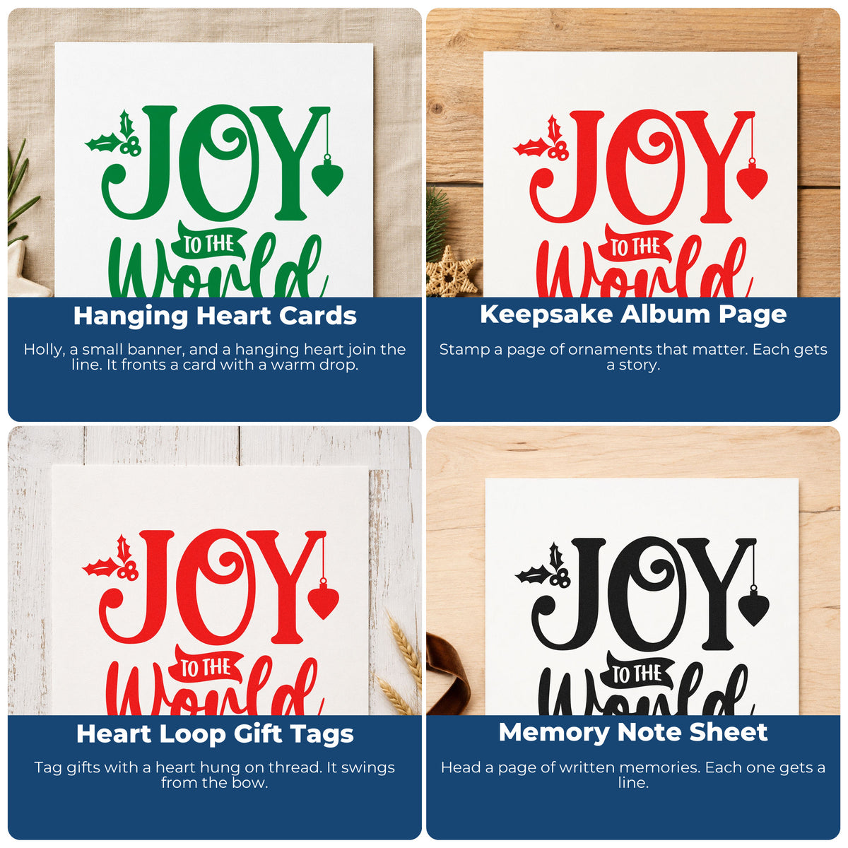 Four ways to use the Joy To The World Holly Pre-Inked Stamp – Slim: hanging heart cards, keepsake album page, heart loop gift tags and memory note sheet.
