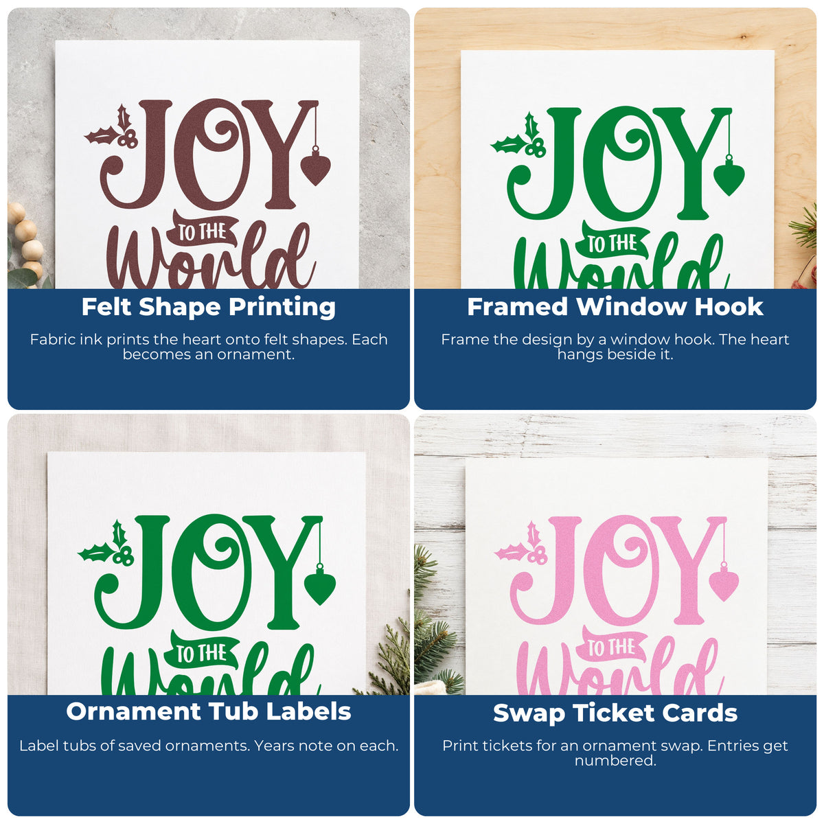 Four ways to use the Joy To The World Holly Pre-Inked Stamp – Slim: felt shape printing, framed window hook, ornament tub labels and swap ticket cards.