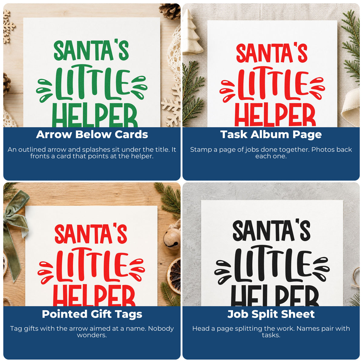 Four ways to use the Vintage Pro Santa's Little Helper Arrow Premium Wooden Stamp: arrow below cards, task album page, pointed gift tags and job split sheet.