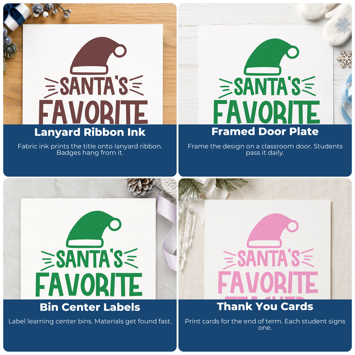 Four ways to use the Santa's Favorite Teacher Hat Lettering Stamp – Slim Pre-Inked: lanyard ribbon ink, framed door plate, bin center labels and thank you cards.