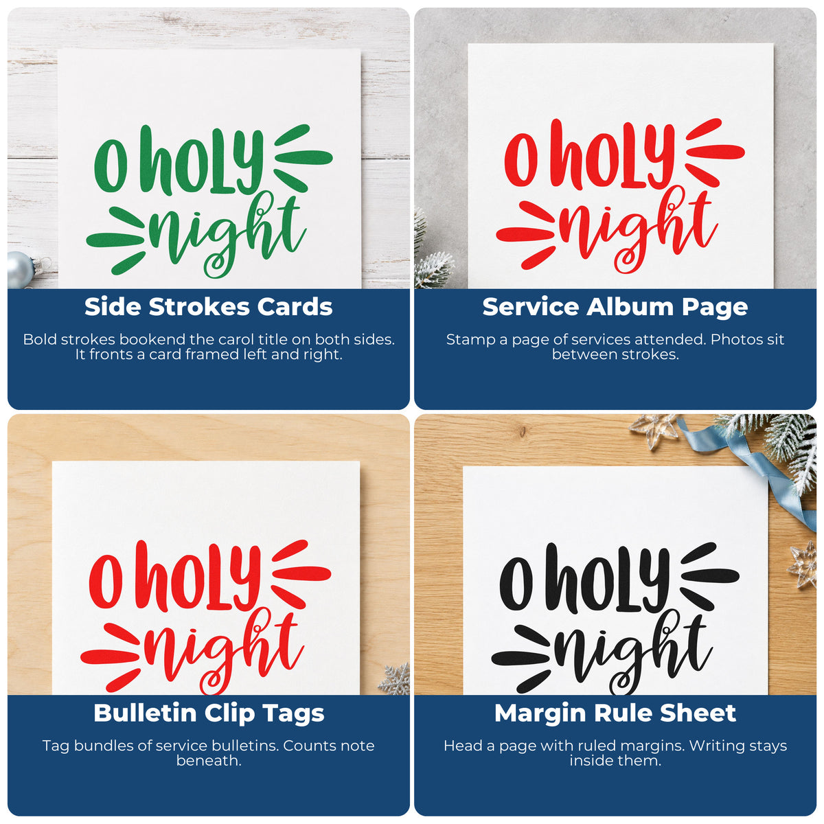 Four ways to use the O Holy Night Script Self-Inking Stamp: side strokes cards, service album page, bulletin clip tags and margin rule sheet.