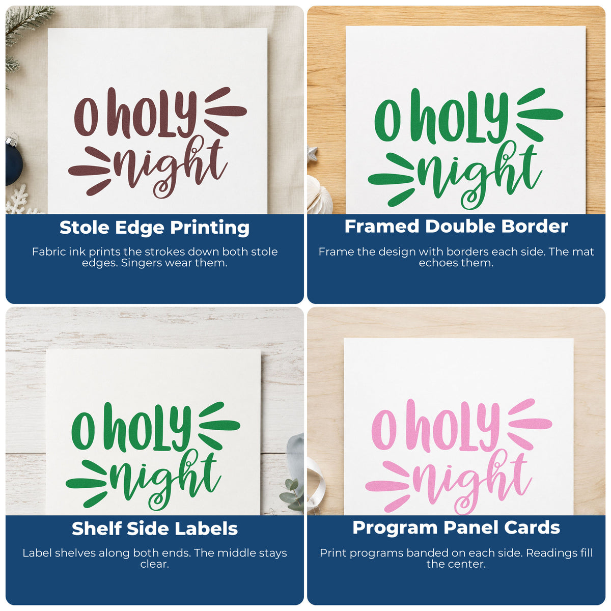 Four ways to use the O Holy Night Script Slim Pre-Inked Stamp: stole edge printing, framed double border, shelf side labels and program panel cards.
