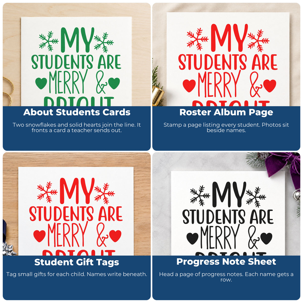 Four ways to use the Students Merry And Bright Duo Hand Stamp: about students cards, roster album page, student gift tags and progress note sheet.