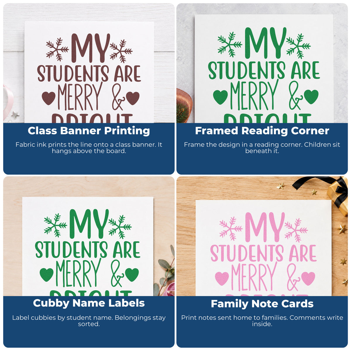 Four ways to use the Students Merry And Bright Rubber Stamp – Wood Handle: class banner printing, framed reading corner, cubby name labels and family note cards.