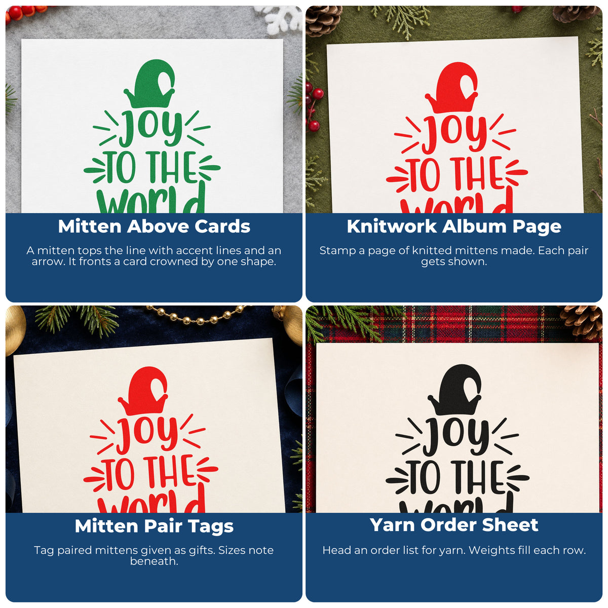 Four ways to use the Joy To The World Mitten Rubber Stamp – Wood Handle: mitten above cards, knitwork album page, mitten pair tags and yarn order sheet.