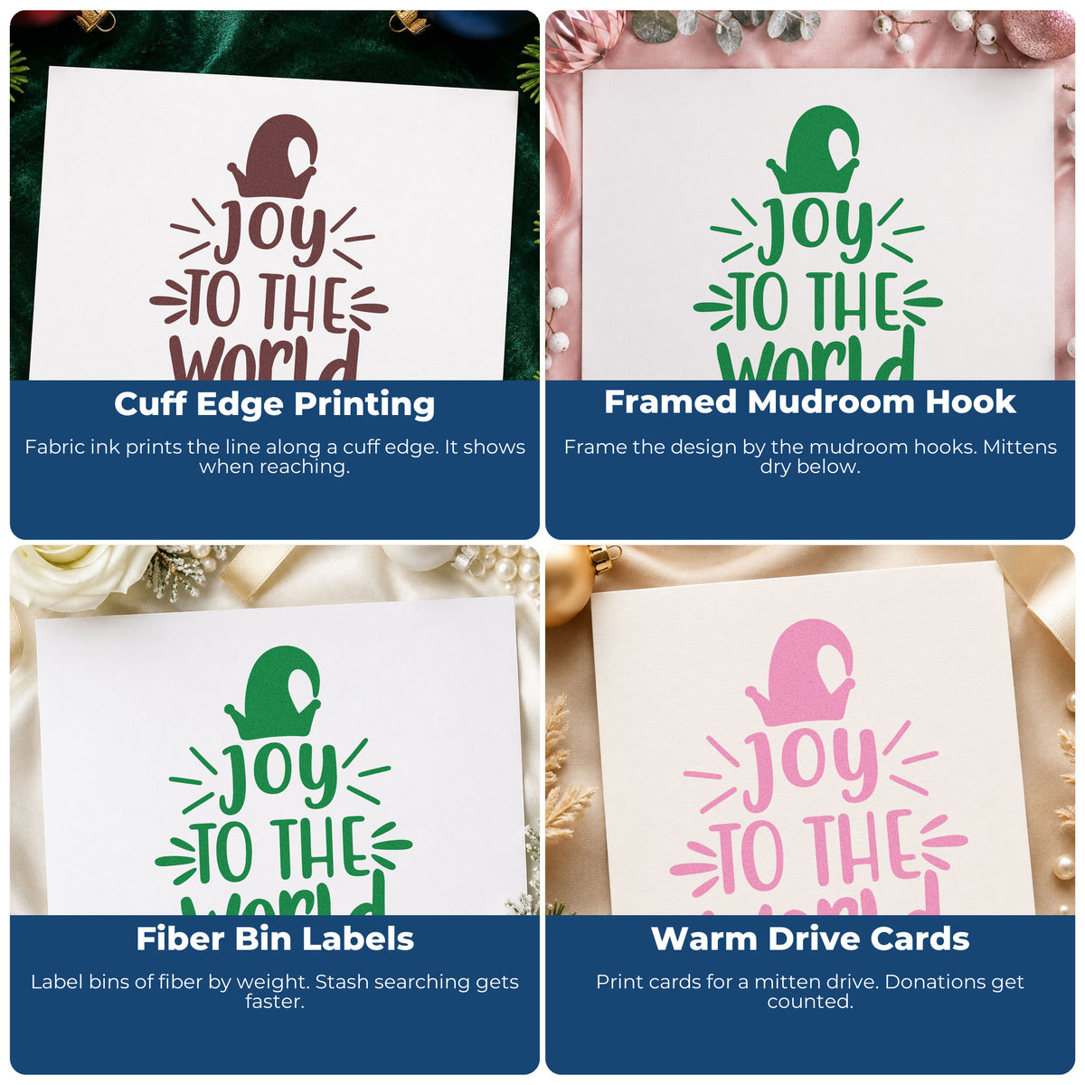 Four ways to use the Joy To The World Mitten Rubber Stamp – Wood Handle: cuff edge printing, framed mudroom hook, fiber bin labels and warm drive cards.