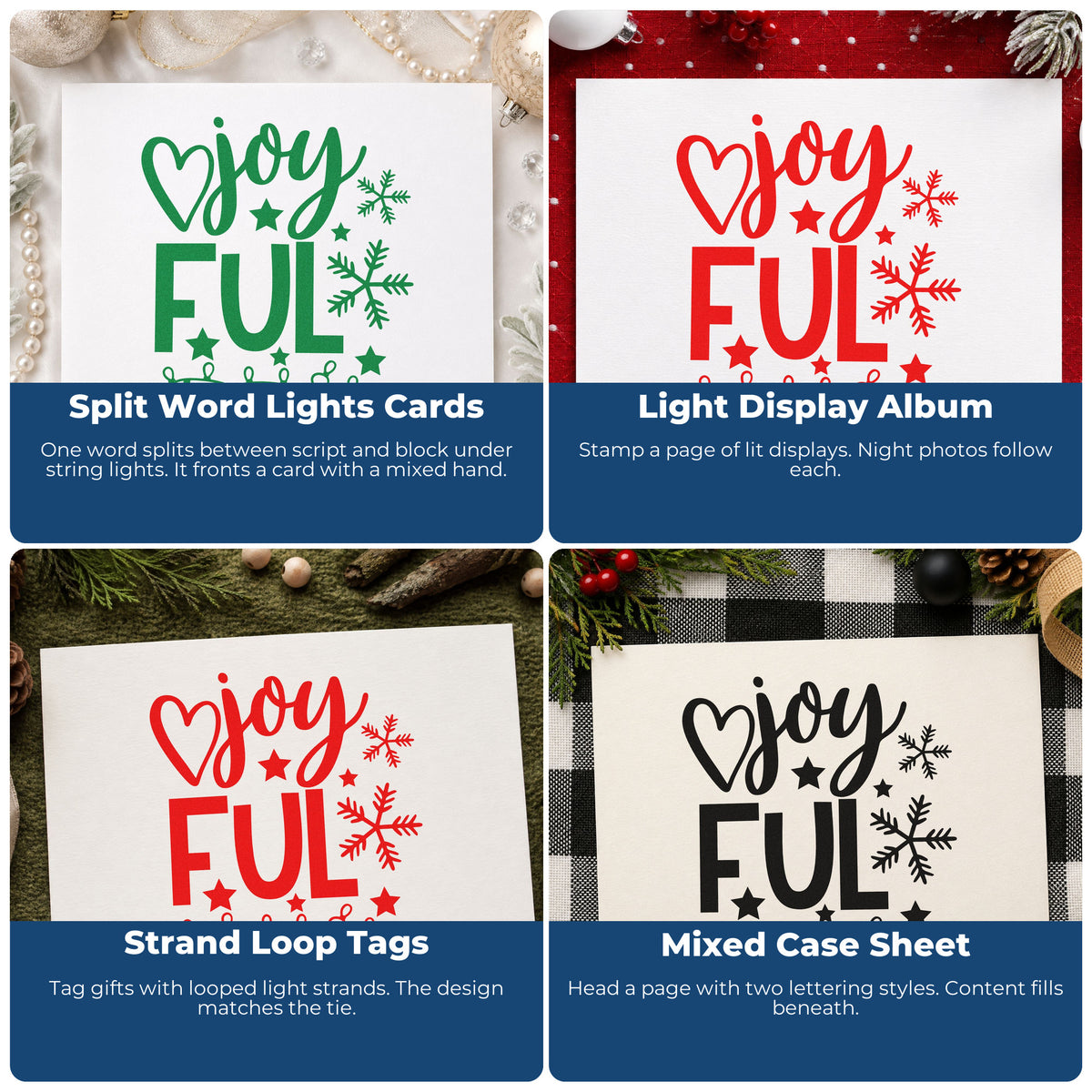 Four ways to use the Joyful Snowflakes And Lights With Stars Rubber Stamp – Wood Handle: split word lights cards, light display album, strand loop tags and mixed case sheet.