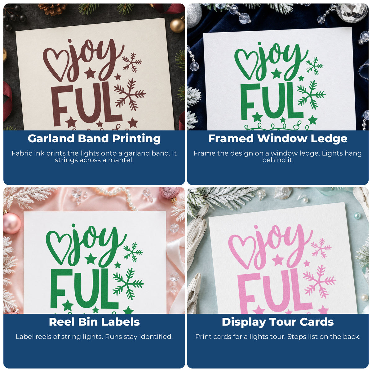 Four ways to use the Pre-Inked Joyful Snowflakes And Lights With Stars Stamp – PSI: garland band printing, framed window ledge, reel bin labels and display tour cards.