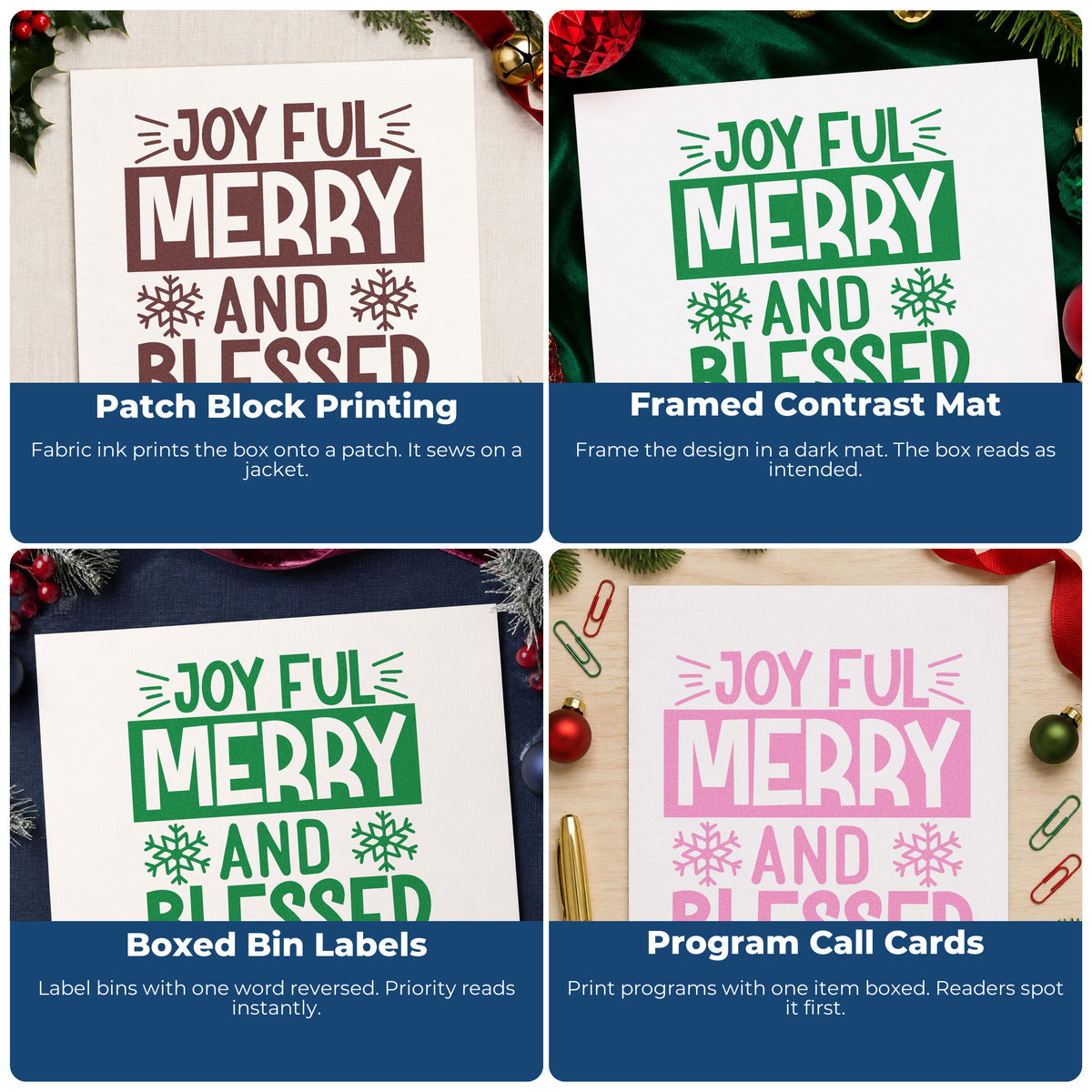 Four ways to use the Joyful Merry Blessed Box PSI Pre-Inked Stamp: patch block printing, framed contrast mat, boxed bin labels and program call cards.