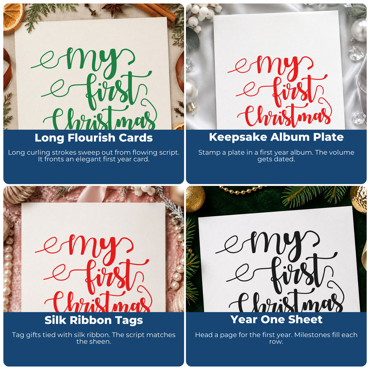 Four ways to use the PSI Pre-Inked My First Christmas Letter Art Stamp: long flourish cards, keepsake album plate, silk ribbon tags and year one sheet.