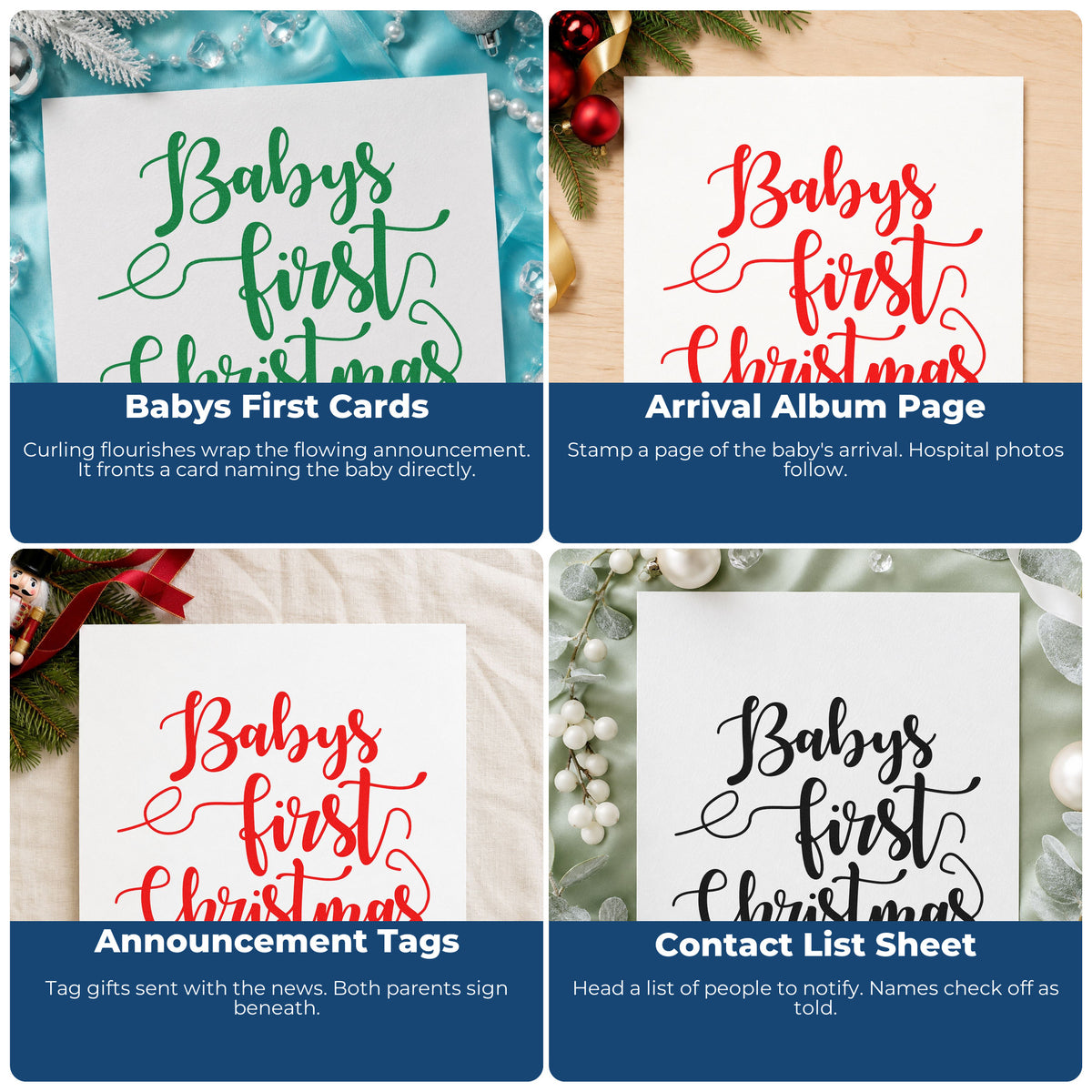 Four ways to use the Baby's First Christmas Script Pre-Inked Stamp – PSI: babys first cards, arrival album page, announcement tags and contact list sheet.