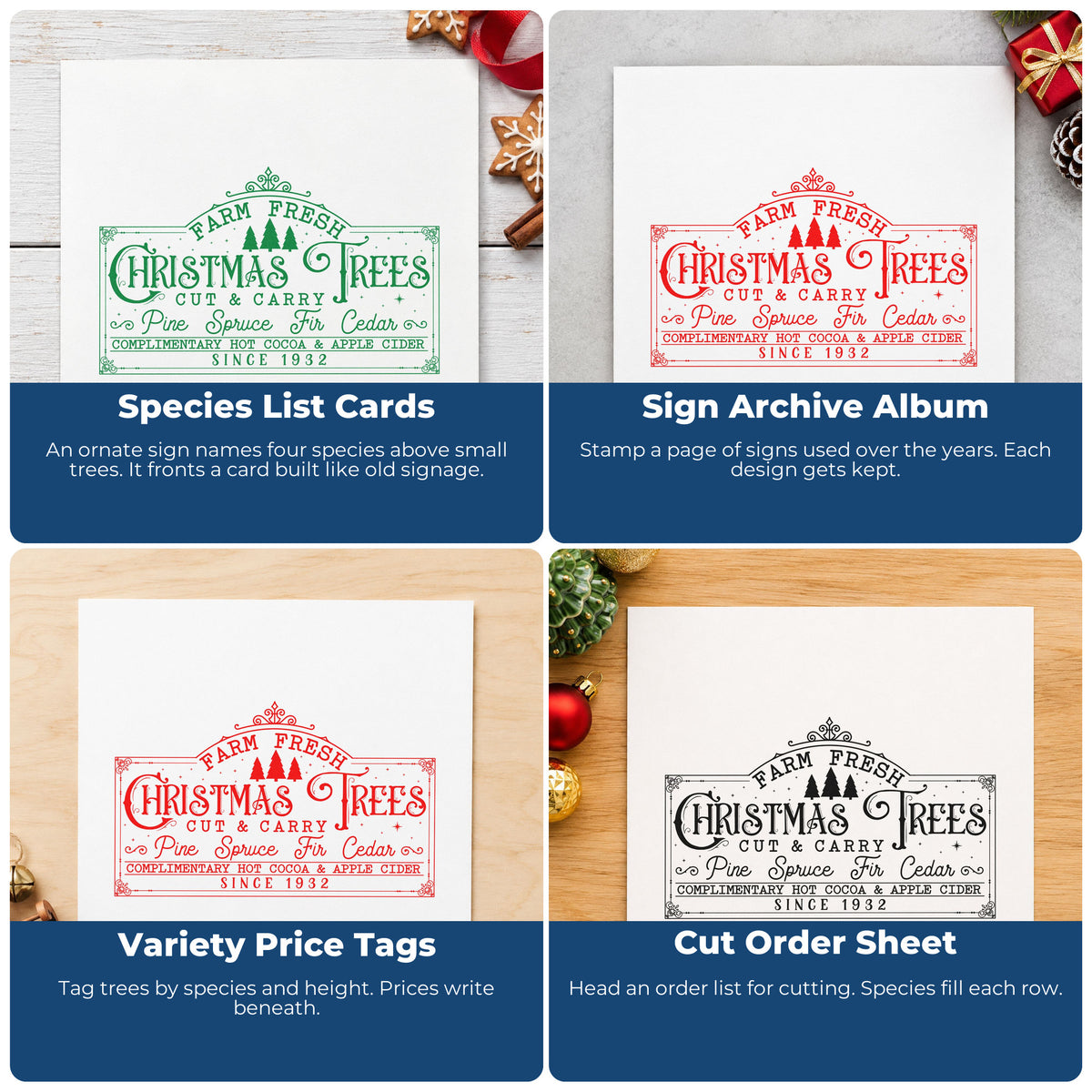 Four ways to use the Farm Fresh Christmas Trees Sign Lettering Pre-Inked Stamp – Slim: species list cards, sign archive album, variety price tags and cut order sheet.