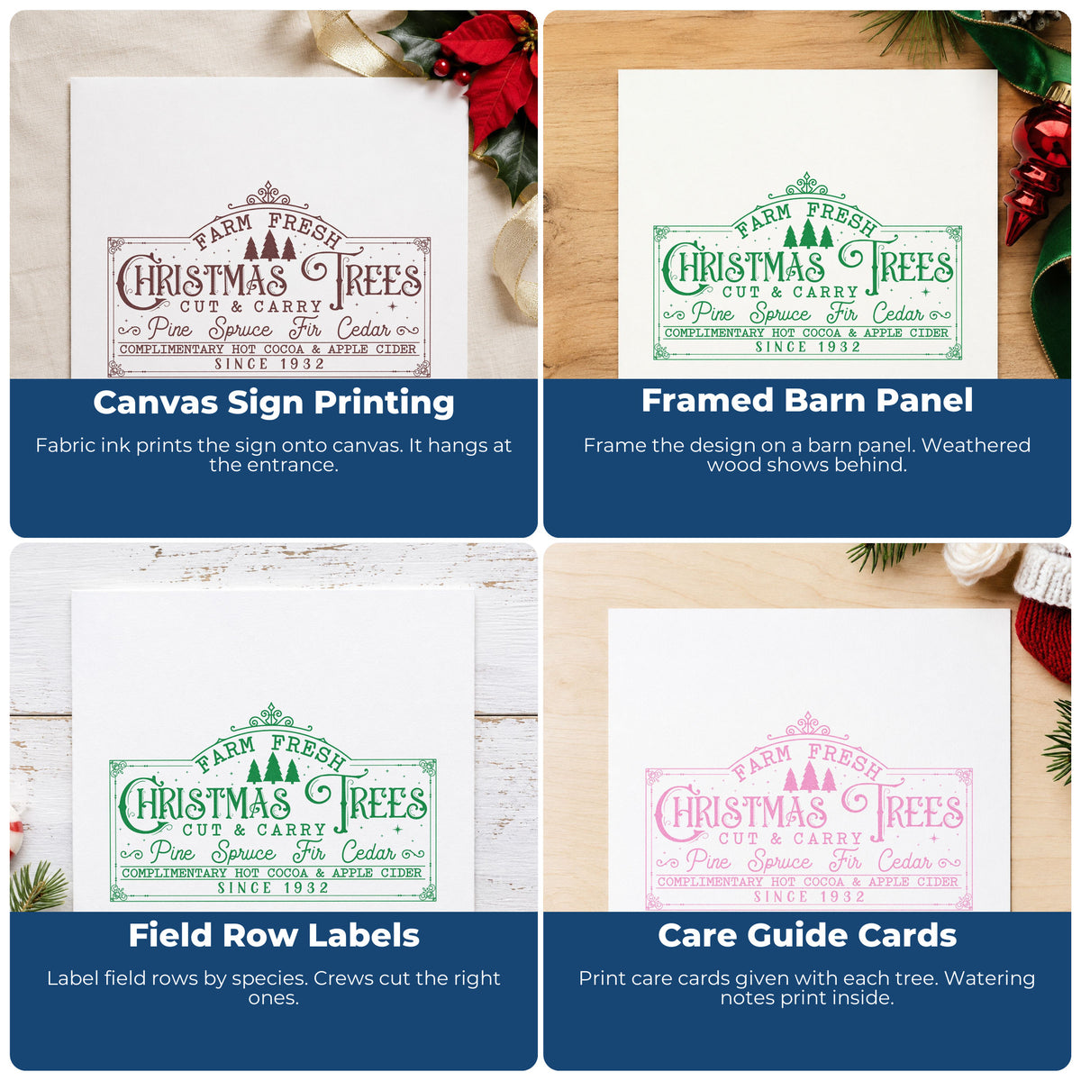 Four ways to use the Farm Fresh Christmas Trees Sign Lettering Pre-Inked Stamp – Slim: canvas sign printing, framed barn panel, field row labels and care guide cards.