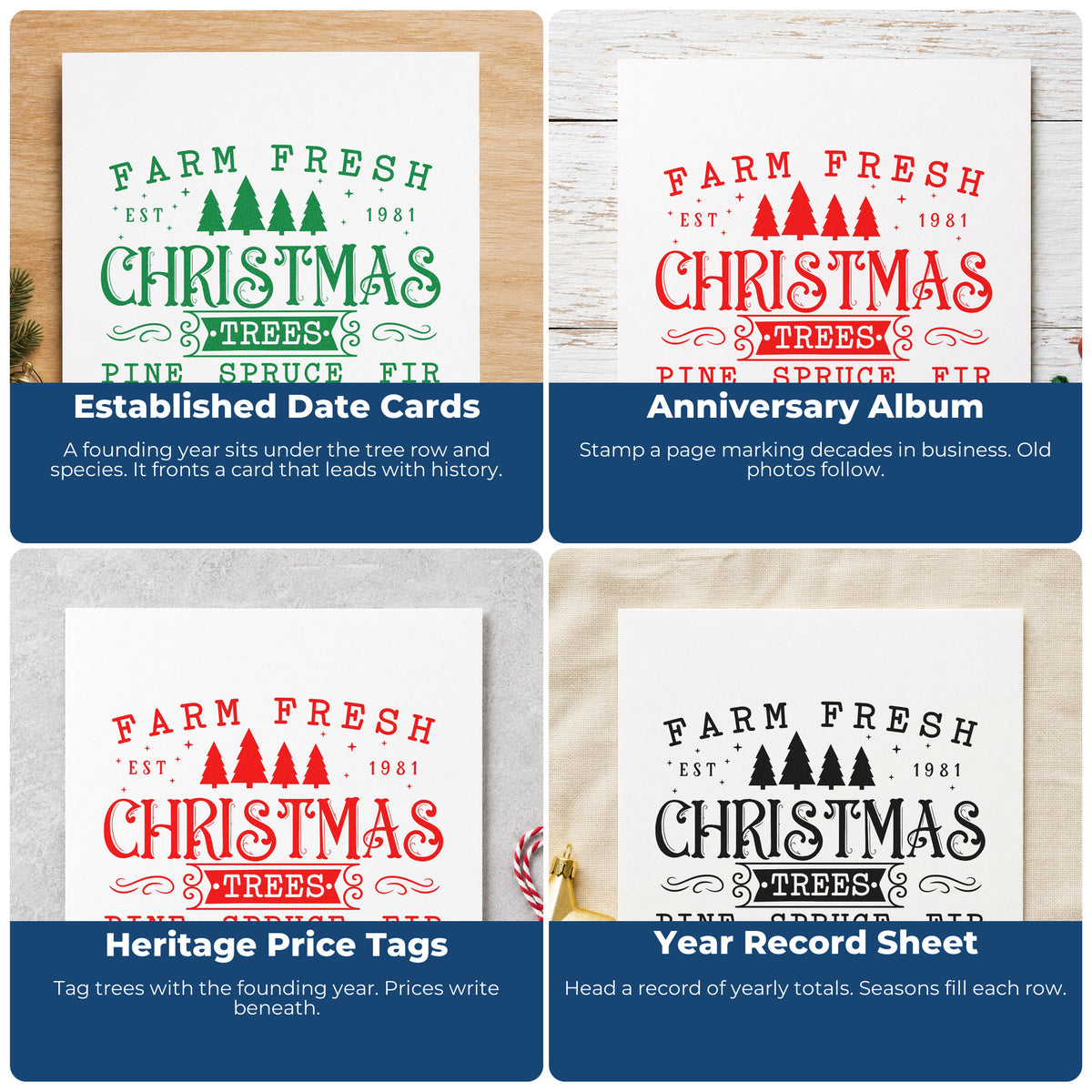Four ways to use the Farm Fresh Trees Est 1981 Stamp – Duo Hand: established date cards, anniversary album, heritage price tags and year record sheet.