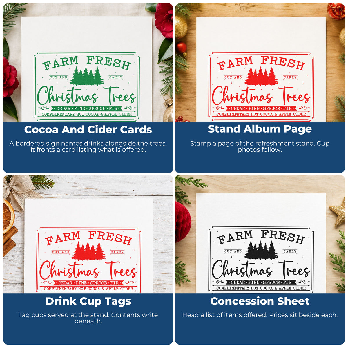 Four ways to use the Farm Fresh Trees Framed Sign Apple Pre-Inked Stamp – Slim: cocoa and cider cards, stand album page, drink cup tags and concession sheet.