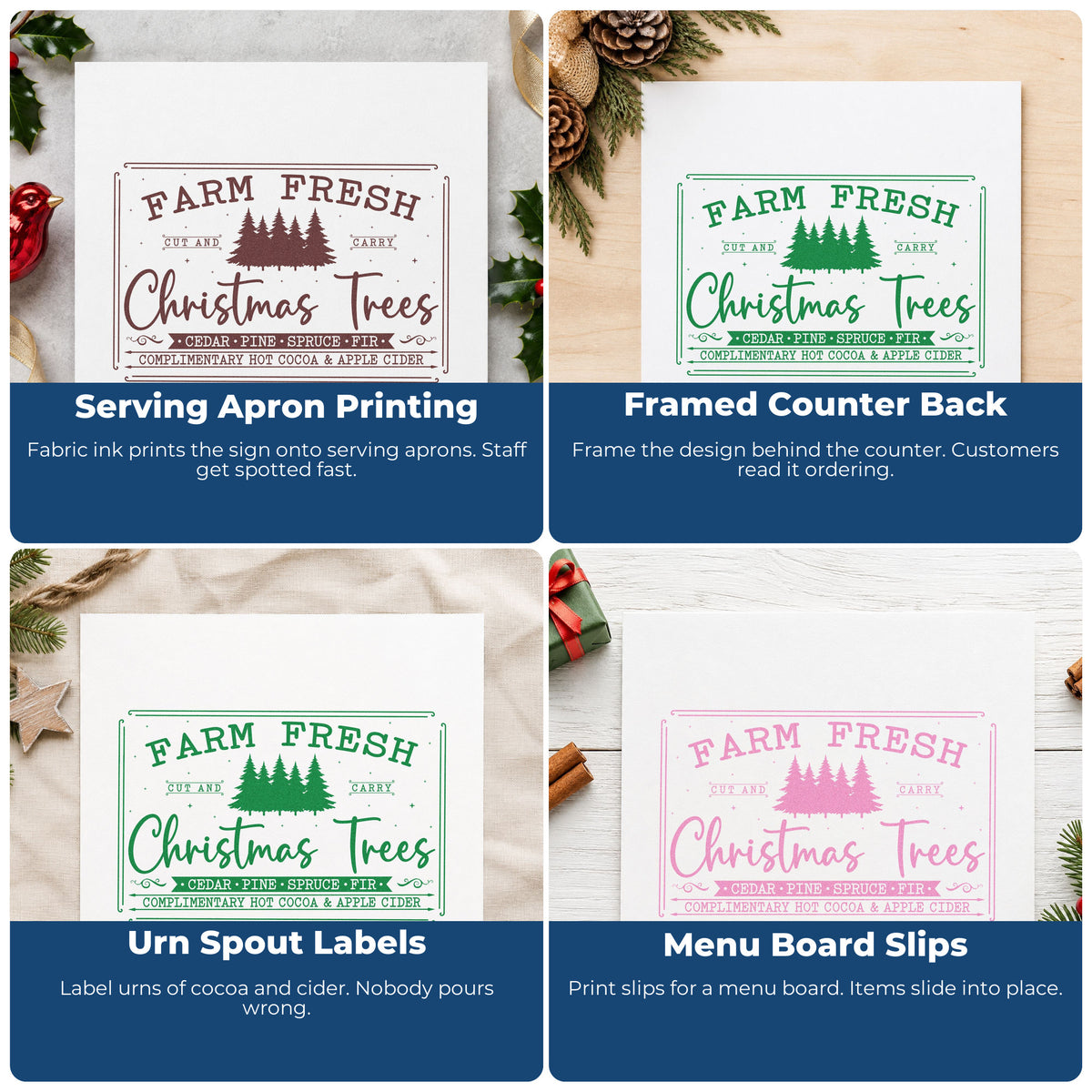 Four ways to use the Farm Fresh Trees Framed Sign Apple PSI Pre-Inked Stamp: serving apron printing, framed counter back, urn spout labels and menu board slips.