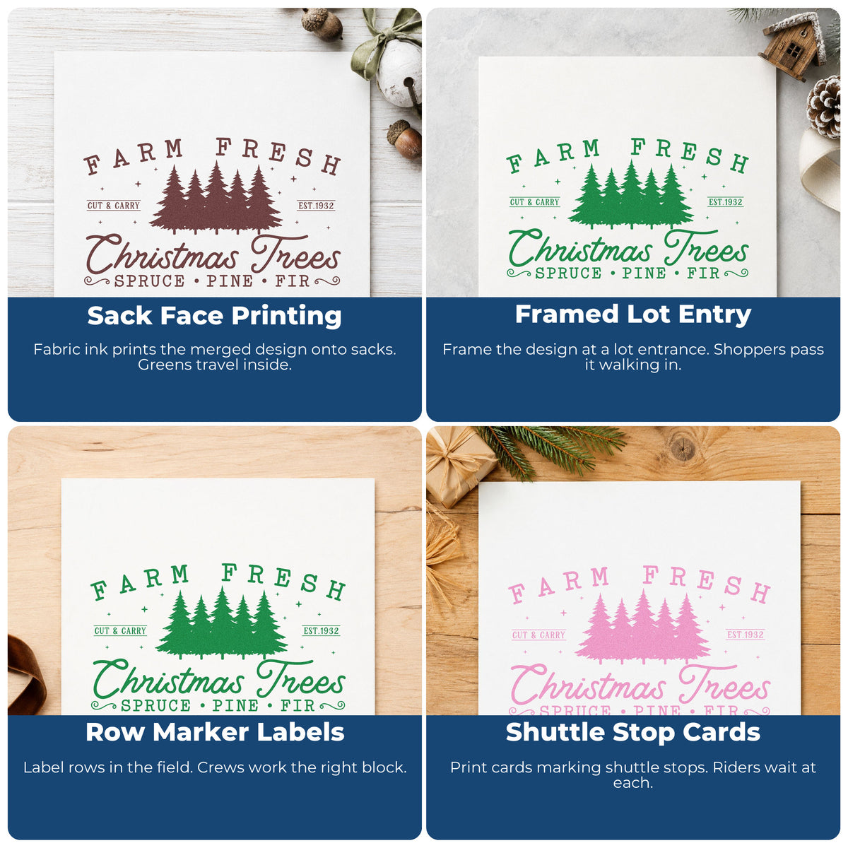 Four ways to use the Farm Fresh Christmas Tree Row Self-Inking Stamp: sack face printing, framed lot entry, row marker labels and shuttle stop cards.