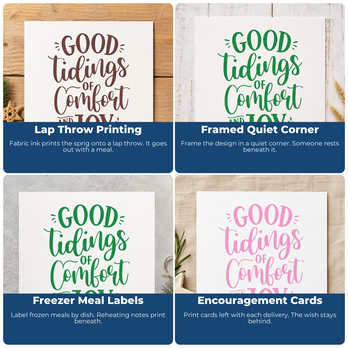Four ways to use the Good Tidings Of Comfort And Joy Pre-Inked Stamp – PSI: lap throw printing, framed quiet corner, freezer meal labels and encouragement cards.