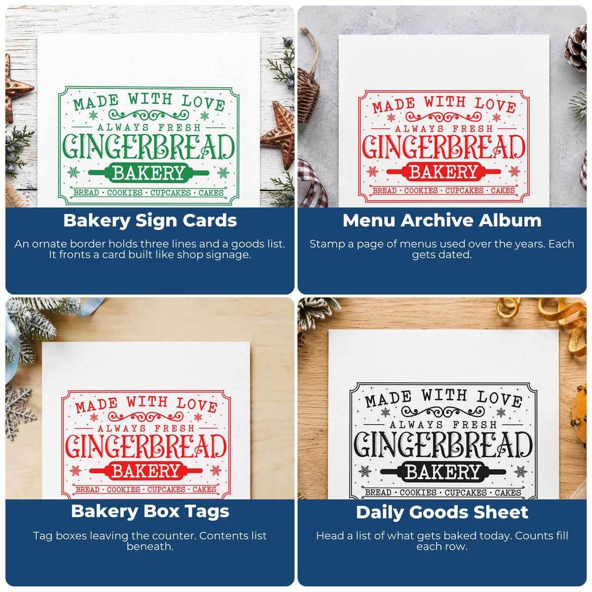 Four ways to use the Gingerbread Bakery Vintage Sign Rubber Stamp – Duo Hand: bakery sign cards, menu archive album, bakery box tags and daily goods sheet.