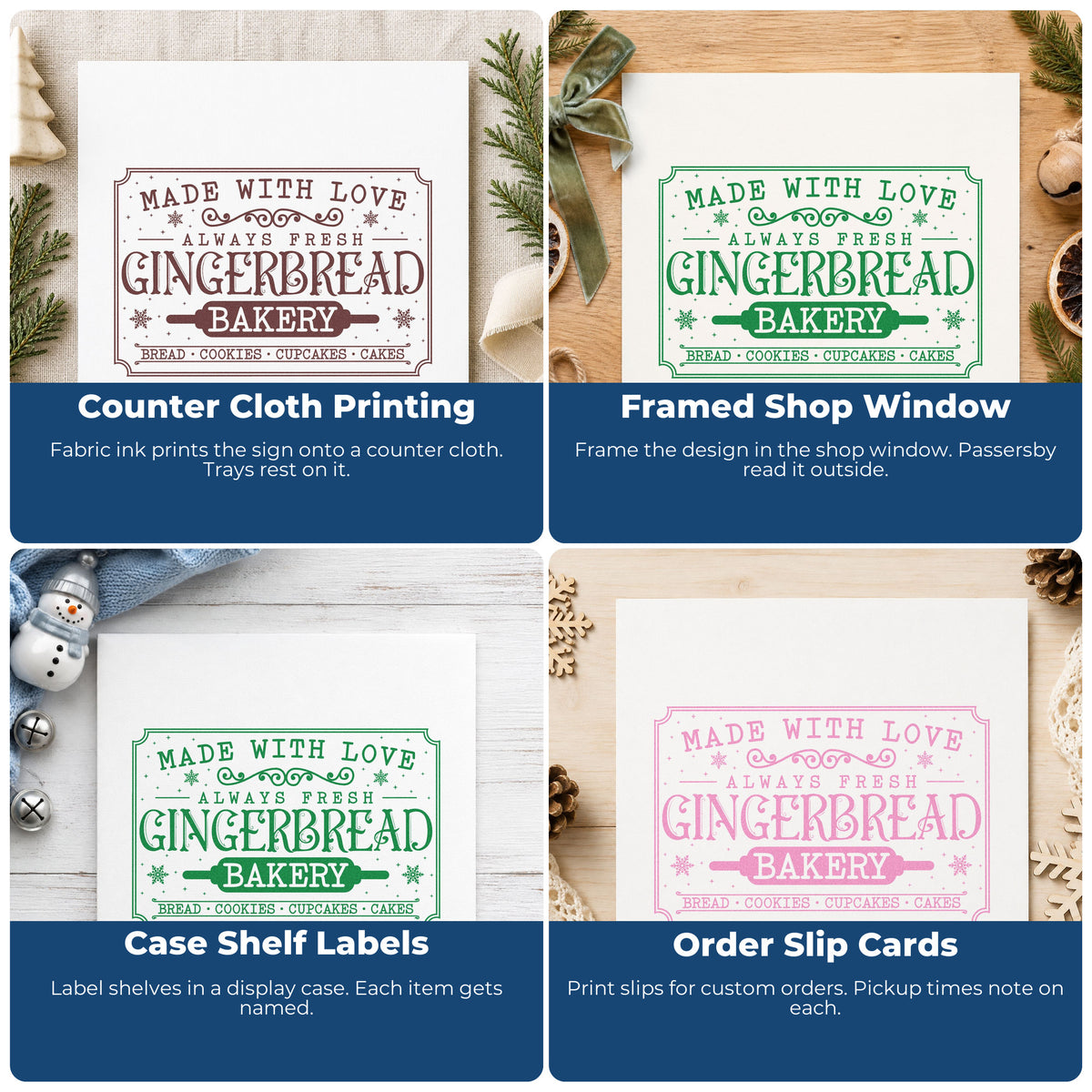 Four ways to use the Gingerbread Bakery Vintage Sign Wood Handle Stamp: counter cloth printing, framed shop window, case shelf labels and order slip cards.