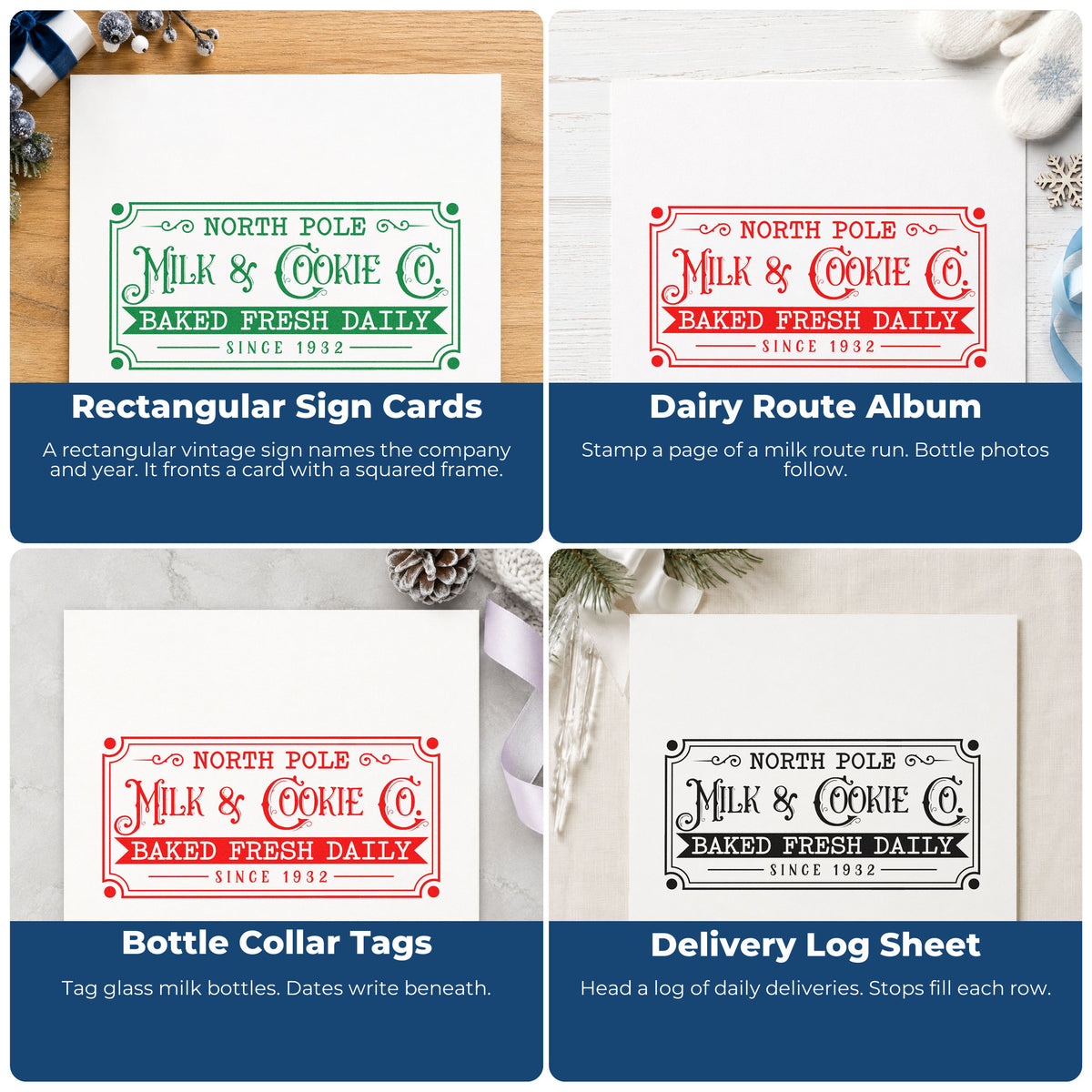 Four ways to use the North Pole Milk Cookie Company Frame Accent Hand Stamp – Duo: rectangular sign cards, dairy route album, bottle collar tags and delivery log sheet.