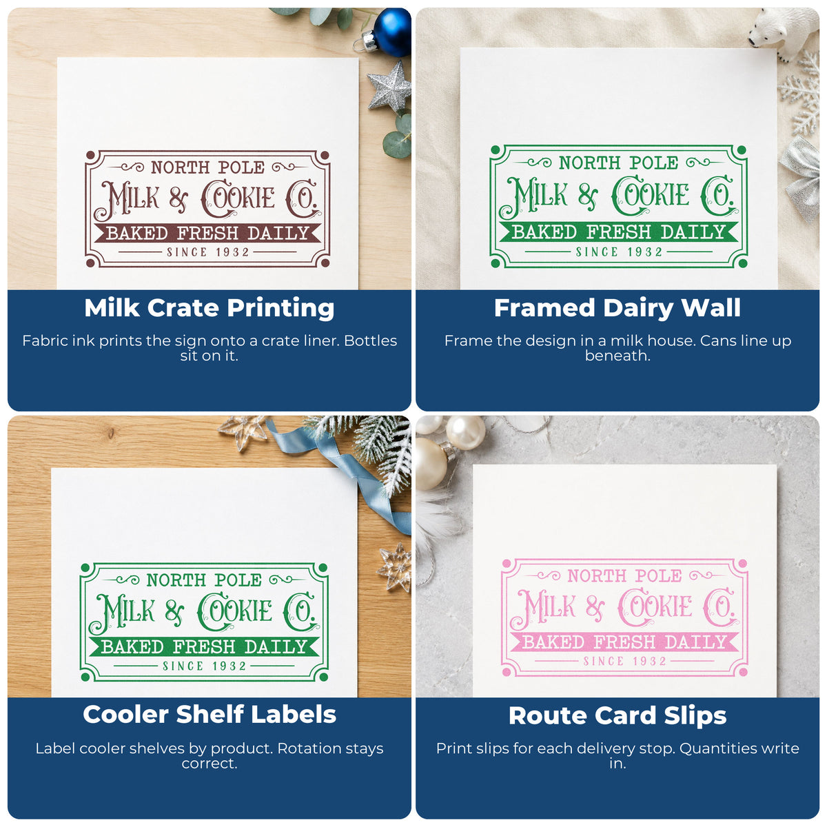 Four ways to use the North Pole Milk Cookie Company Frame Accent Pre-Inked Stamp – Slim: milk crate printing, framed dairy wall, cooler shelf labels and route card slips.