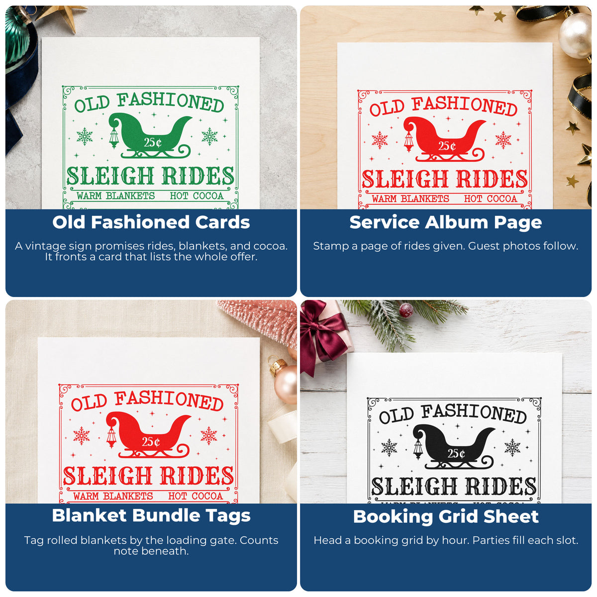 Four ways to use the Old Fashioned Sleigh Rides Wood Handle Stamp: old fashioned cards, service album page, blanket bundle tags and booking grid sheet.