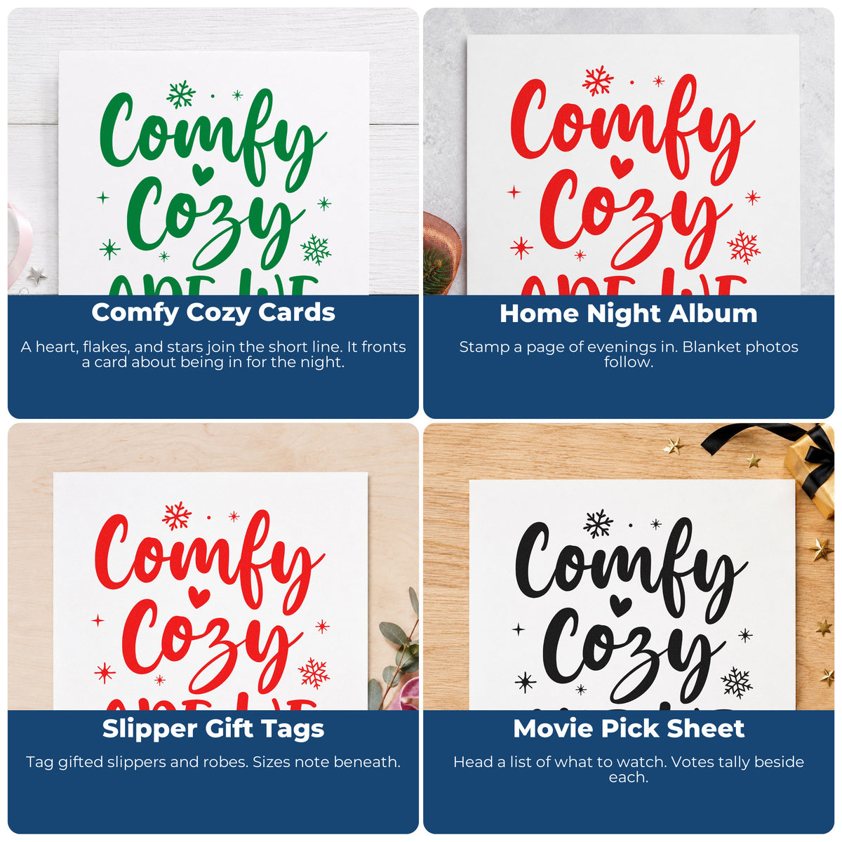 Four ways to use the Comfy Cozy Are We Snowflakes Stamp - Premium Vintage Pro Wooden: comfy cozy cards, home night album, slipper gift tags and movie pick sheet.