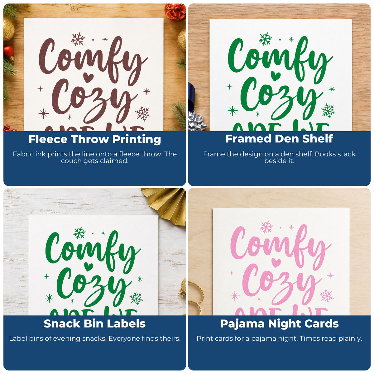Four ways to use the Comfy Cozy Are We Snowflakes Hand Stamp – Duo: fleece throw printing, framed den shelf, snack bin labels and pajama night cards.