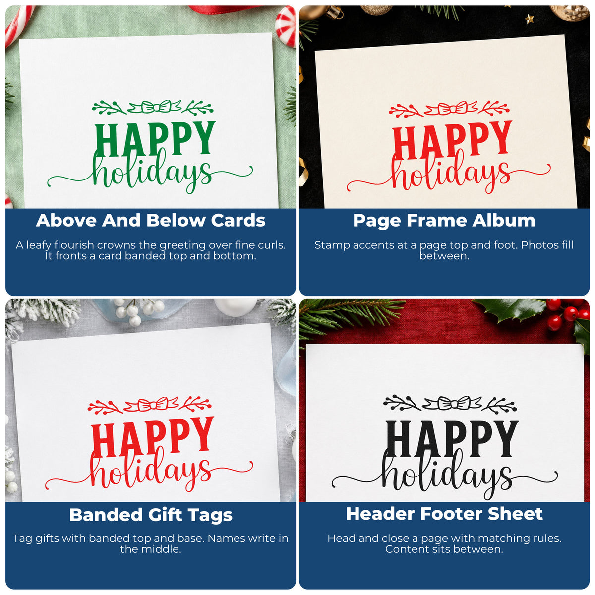 Four ways to use the Premium Wooden Happy Holidays Leafy Flourished Lettering Stamp - Vintage Pro: above and below cards, page frame album, banded gift tags and header footer sheet.