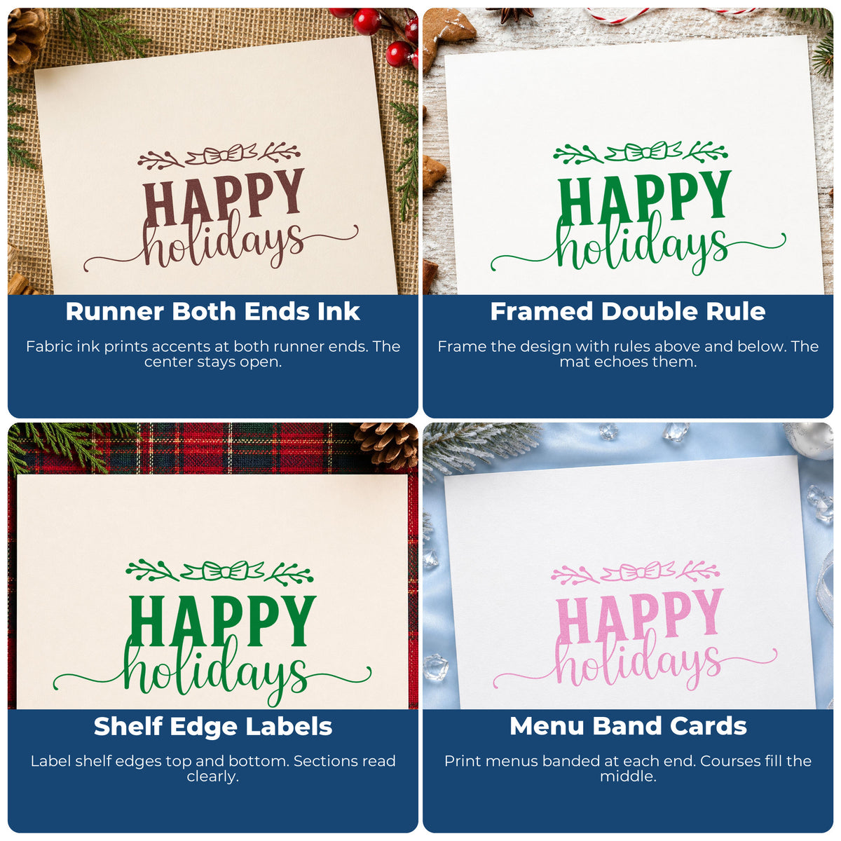 Four ways to use the Happy Holidays Leafy Flourished Lettering PSI Pre-Inked Stamp: runner both ends ink, framed double rule, shelf edge labels and menu band cards.
