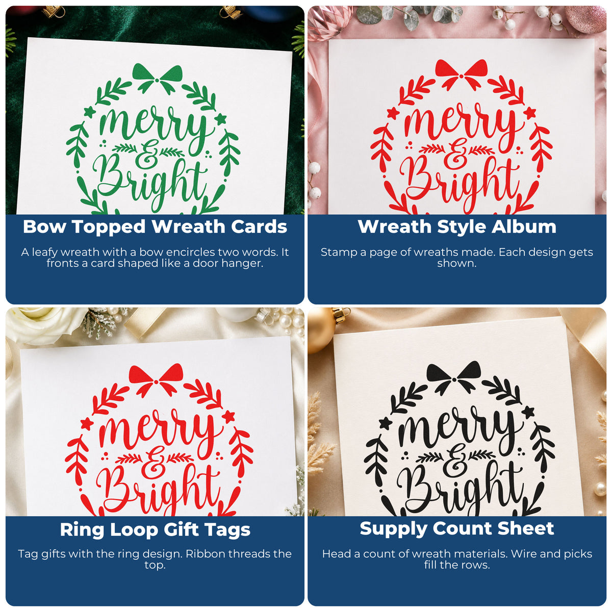 Four ways to use the Merry And Bright Wreath Self-Inking Stamp: bow topped wreath cards, wreath style album, ring loop gift tags and supply count sheet.