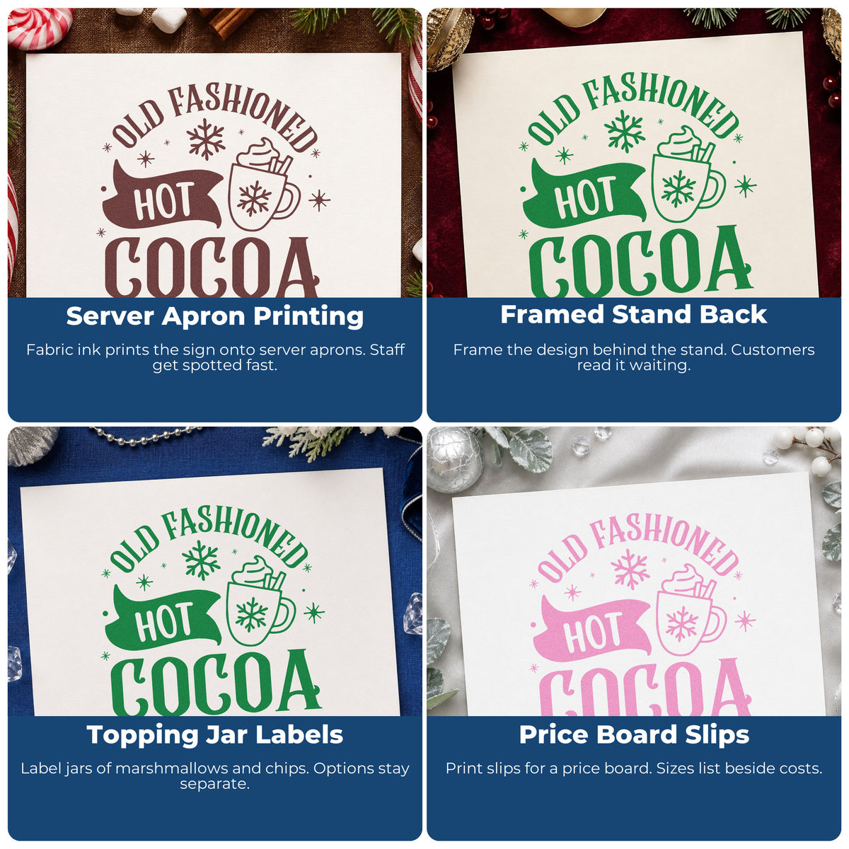 Four ways to use the Old Fashioned Hot Cocoa Stamp - Premium Vintage Pro Wooden: server apron printing, framed stand back, topping jar labels and price board slips.