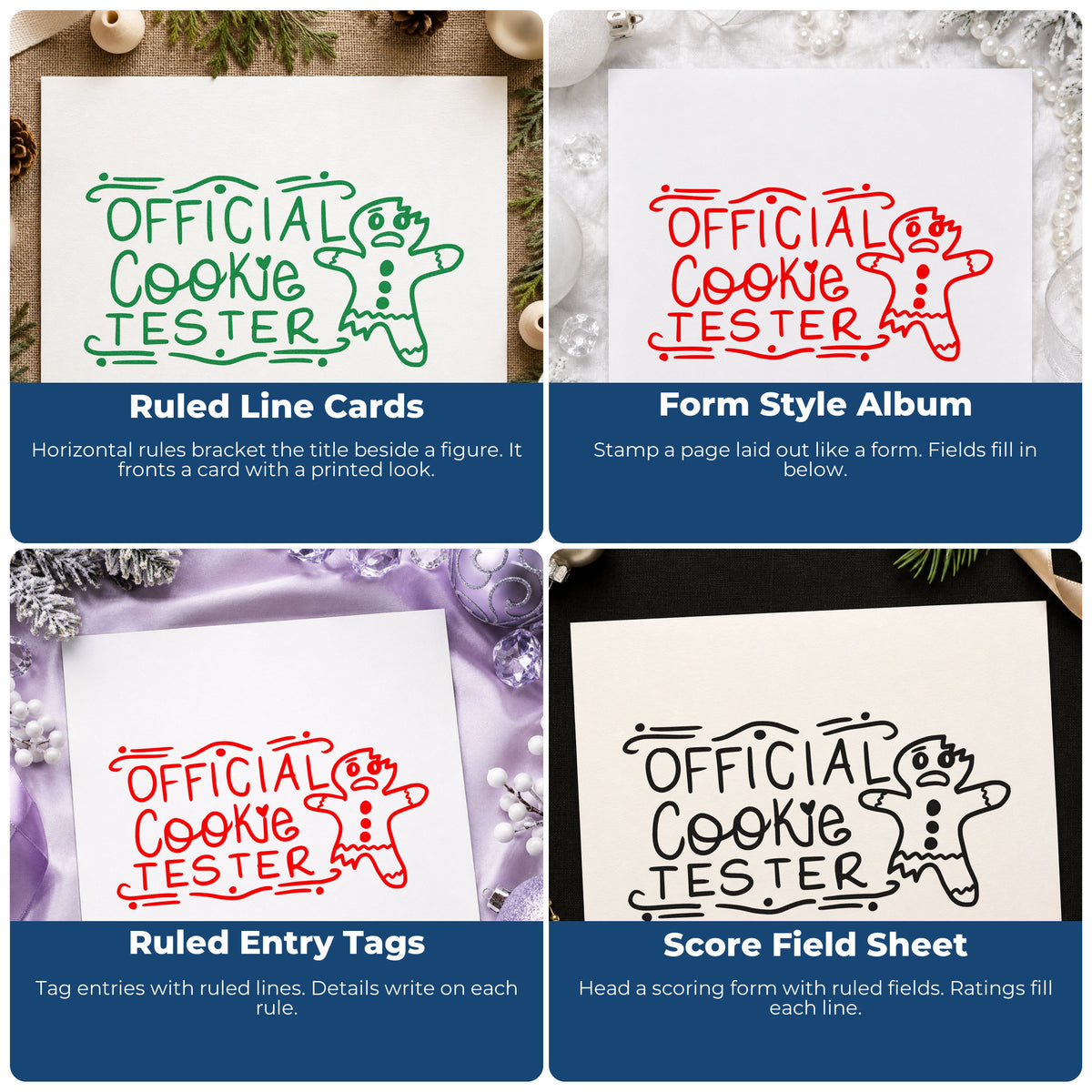 Four ways to use the Official Cookie Tester Gingerbread Lettering Rubber Stamp – Wood Handle: ruled line cards, form style album, ruled entry tags and score field sheet.