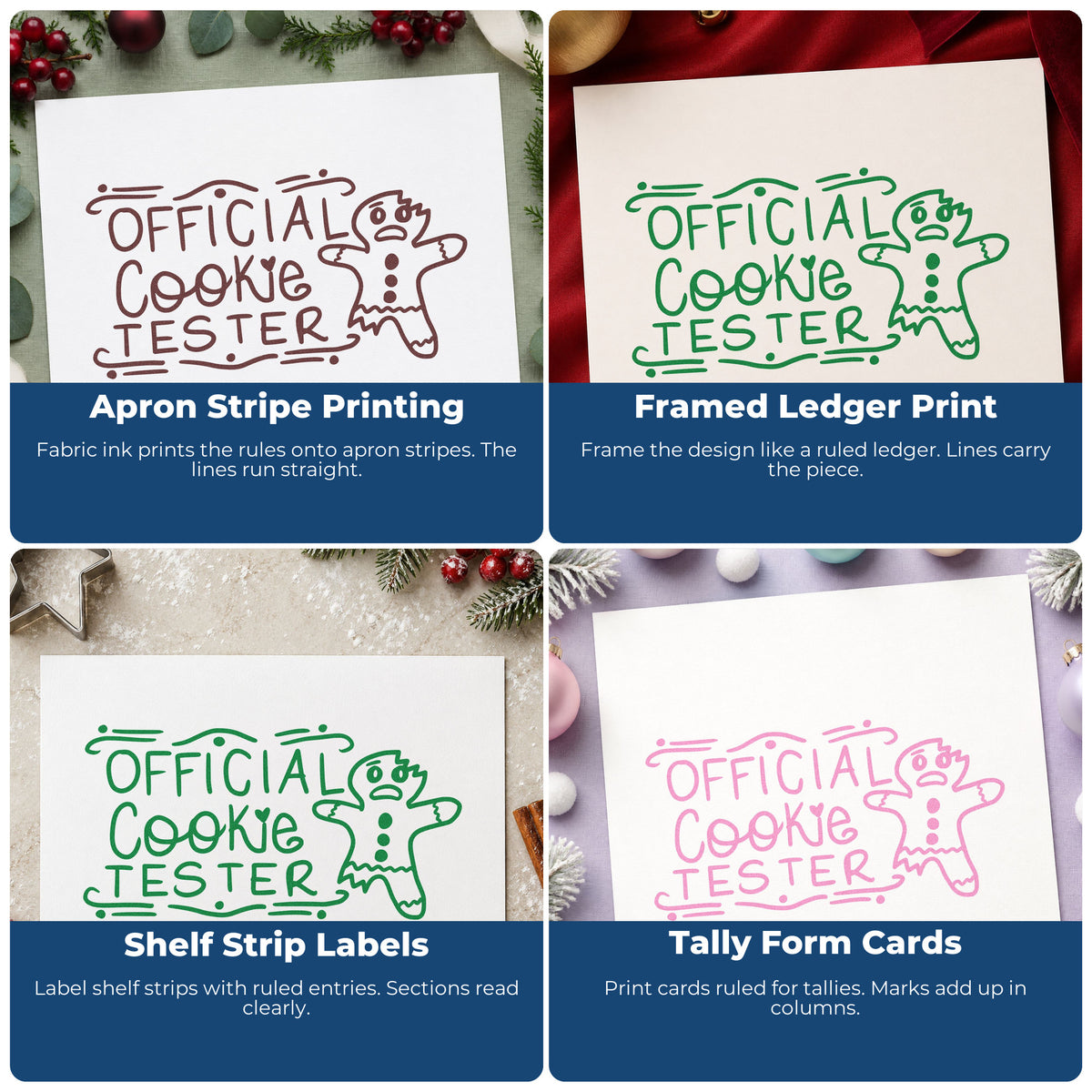 Four ways to use the Official Cookie Tester Gingerbread Lettering Rubber Stamp – Wood Handle: apron stripe printing, framed ledger print, shelf strip labels and tally form cards.