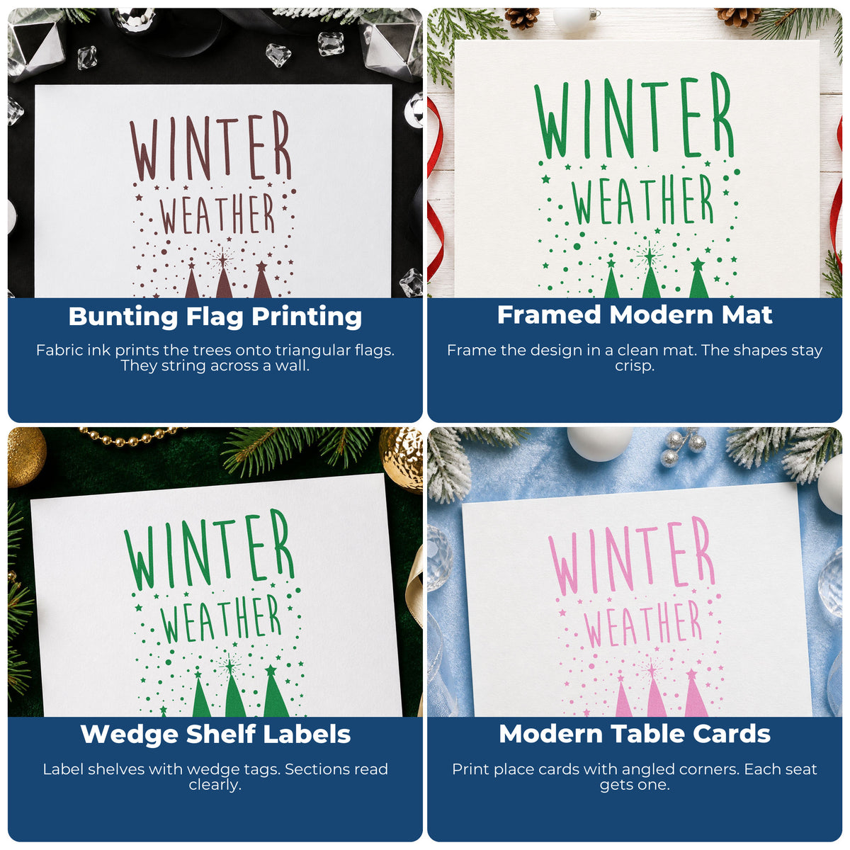 Four ways to use the Winter Weather Four Trees Self-Inking Craft Stamp: bunting flag printing, framed modern mat, wedge shelf labels and modern table cards.