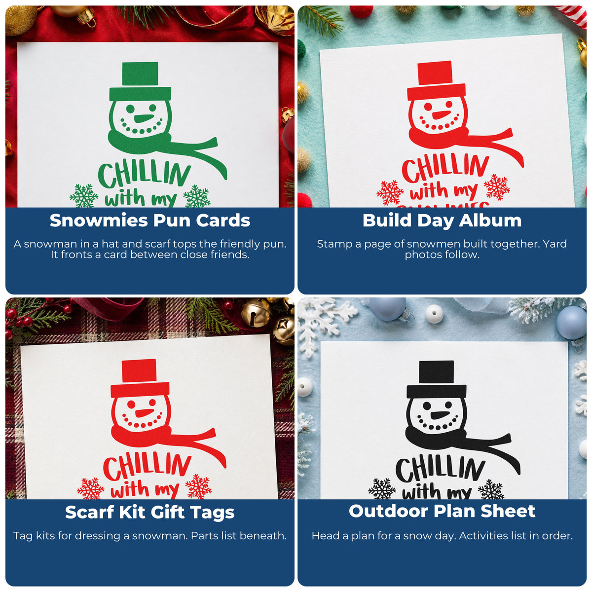 Four ways to use the Chillin With My Snowmies Snowman Self-Inking Stamp: snowmies pun cards, build day album, scarf kit gift tags and outdoor plan sheet.