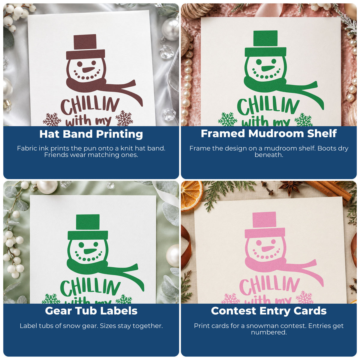 Four ways to use the Chillin With My Snowmies Snowman PSI Pre-Inked Stamp: hat band printing, framed mudroom shelf, gear tub labels and contest entry cards.