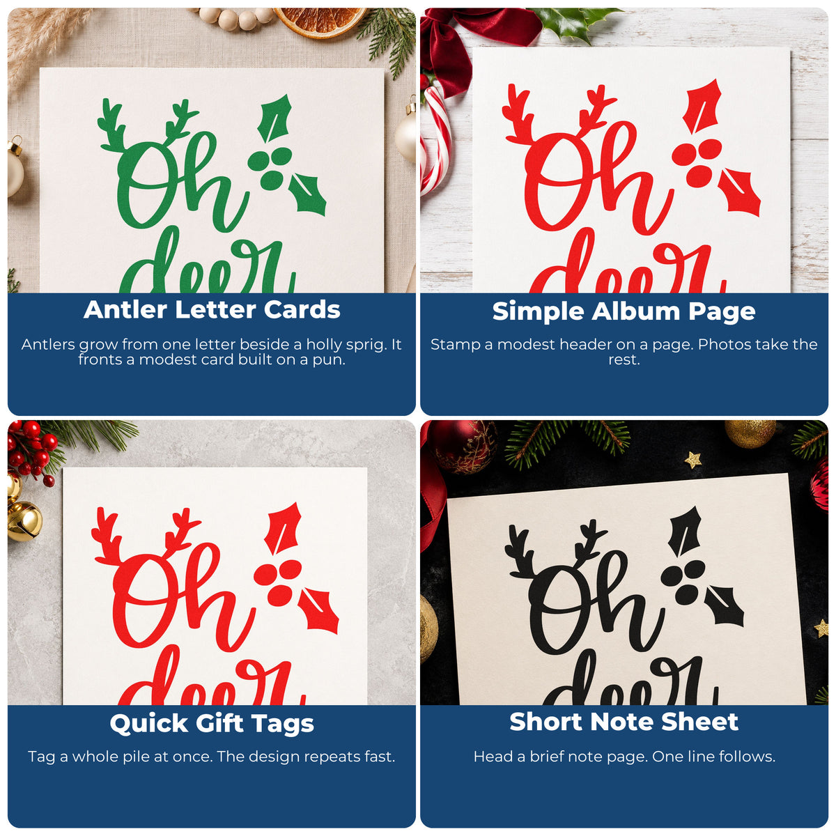 Four ways to use the Oh Deer Antlers Holly Lettering Rubber Stamp – Wood Handle: antler letter cards, simple album page, quick gift tags and short note sheet.