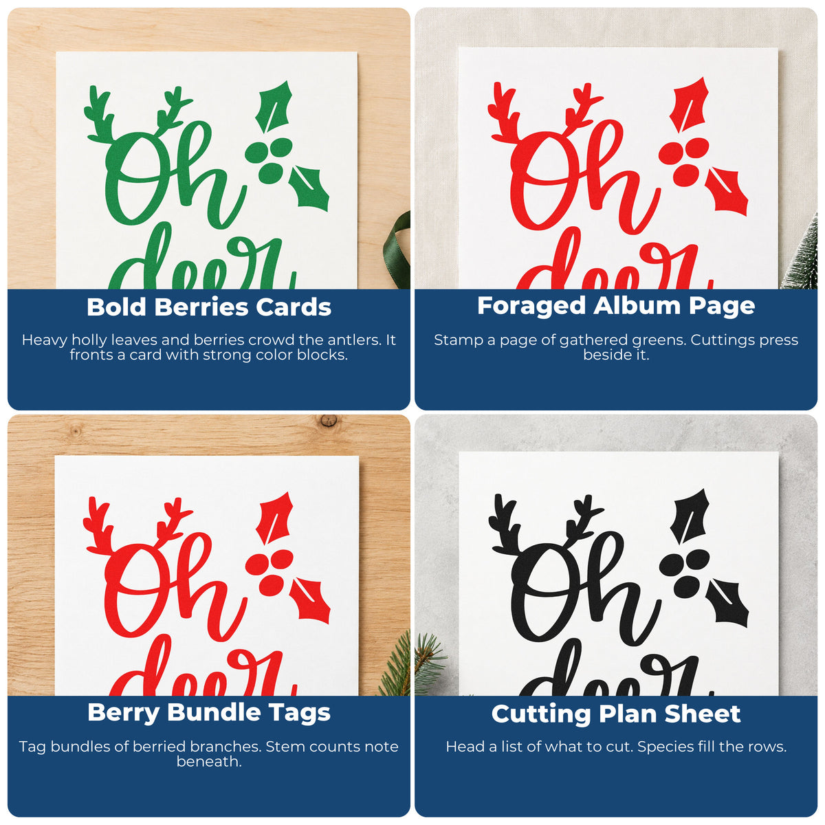 Four ways to use the Oh Deer Holly Antlers Stamp – PSI Pre-Inked: bold berries cards, foraged album page, berry bundle tags and cutting plan sheet.