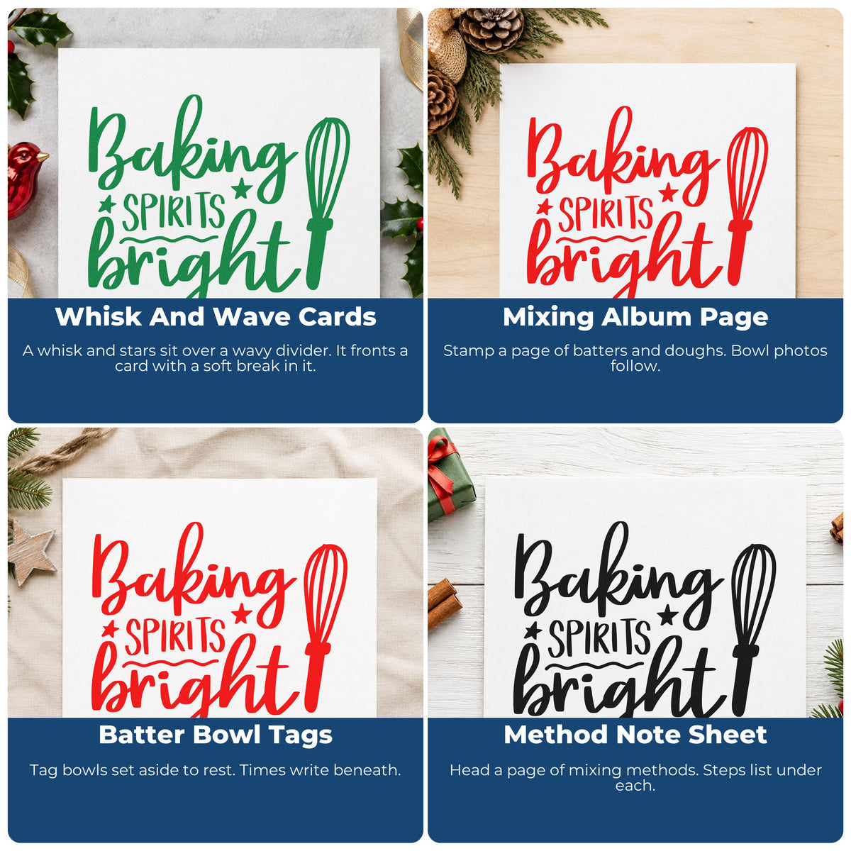 Four ways to use the Baking Spirits Bright Whisk With Stars Hand Stamp – Duo: whisk and wave cards, mixing album page, batter bowl tags and method note sheet.
