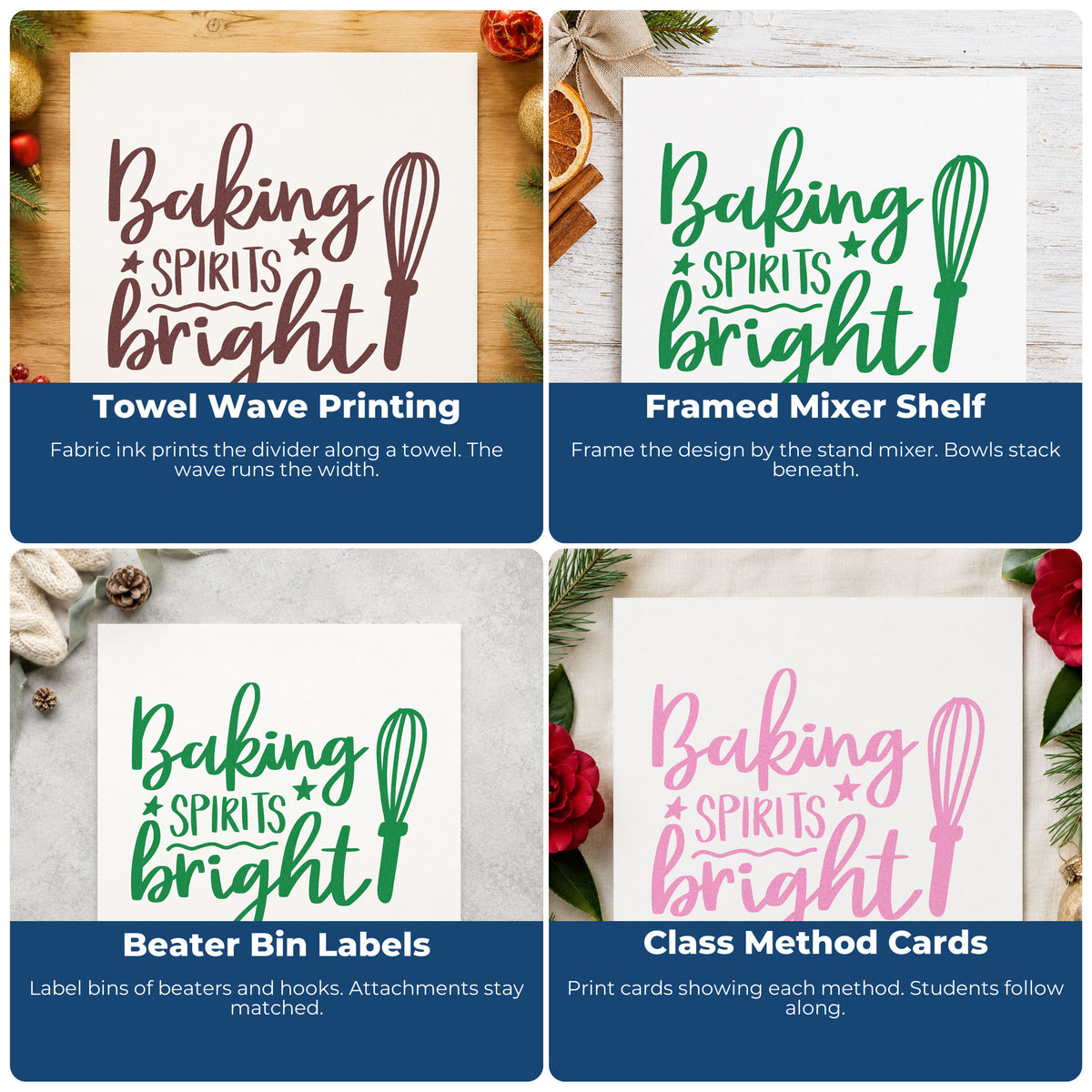 Four ways to use the Baking Spirits Bright Whisk With Stars Stamp – Slim Pre-Inked: towel wave printing, framed mixer shelf, beater bin labels and class method cards.