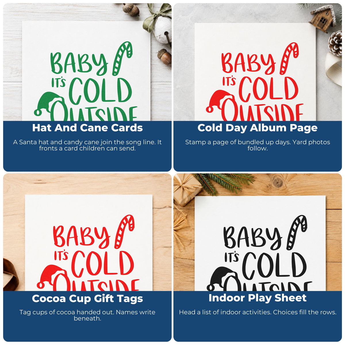 Four ways to use the Baby It's Cold Outside Hat Premium Wooden Stamp - Vintage Pro: hat and cane cards, cold day album page, cocoa cup gift tags and indoor play sheet.