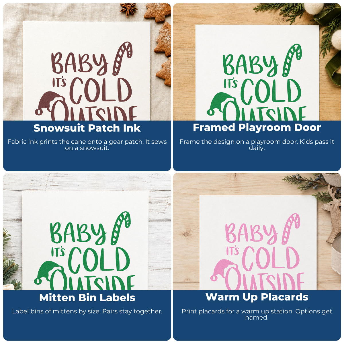 Four ways to use the Baby It's Cold Outside Hat Self-Inking Stamp: snowsuit patch ink, framed playroom door, mitten bin labels and warm up placards.